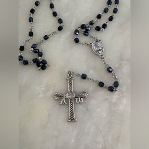 Silver Cross Rosary Necklace with Royal Blue Beads